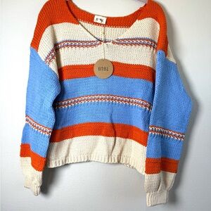 BiBi Striped V-Neck Sweater in Orange, Light Blue & Cream